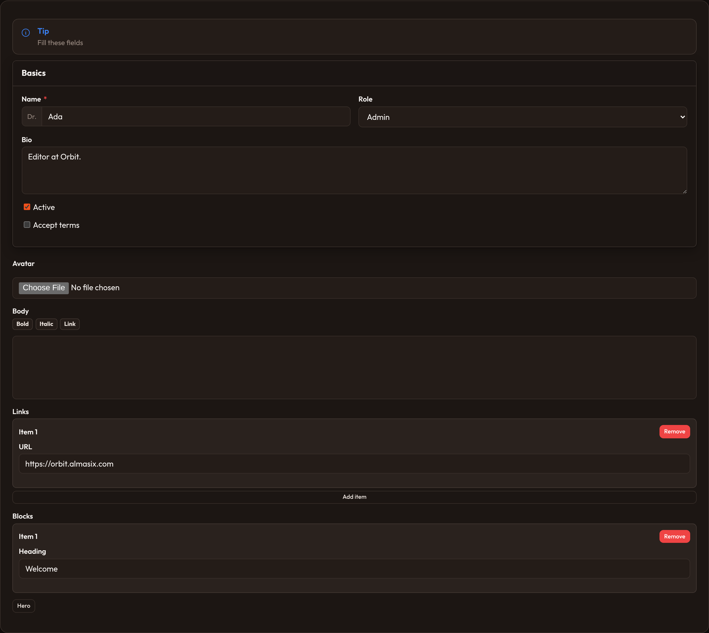 Orbit Forms overview (dark)