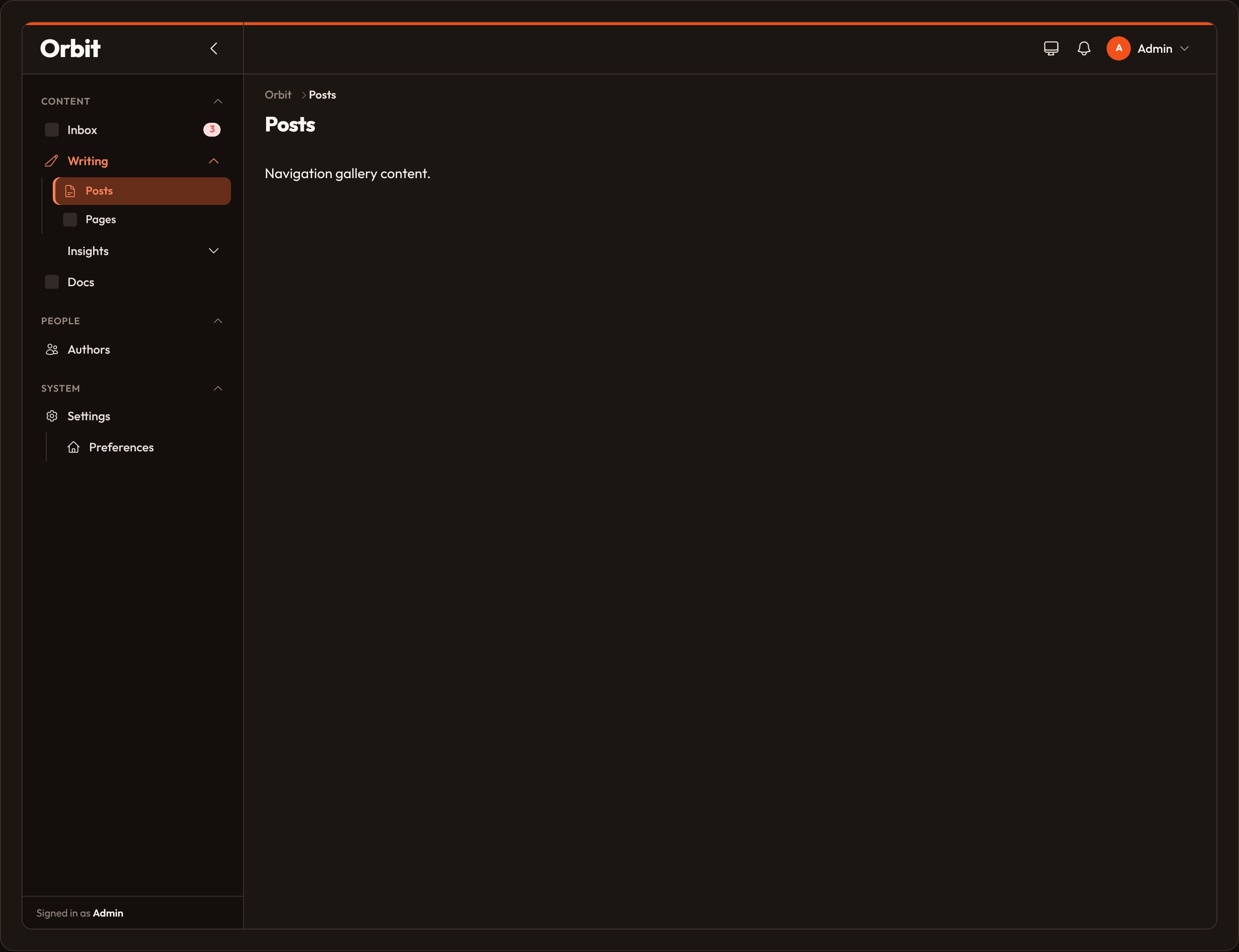 Orbit Navigation sidebar layout (dark)