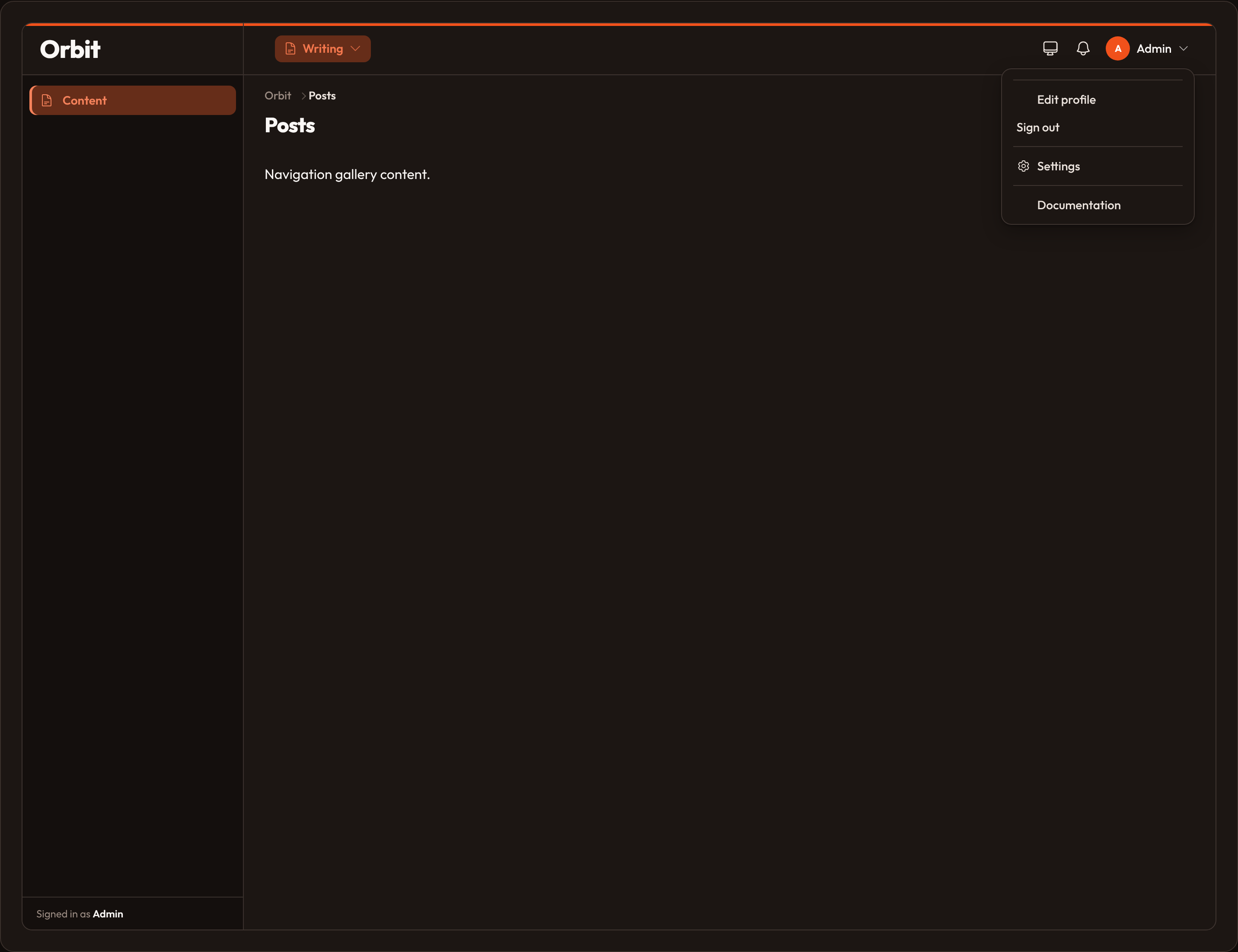 Orbit User menu groups (dark)