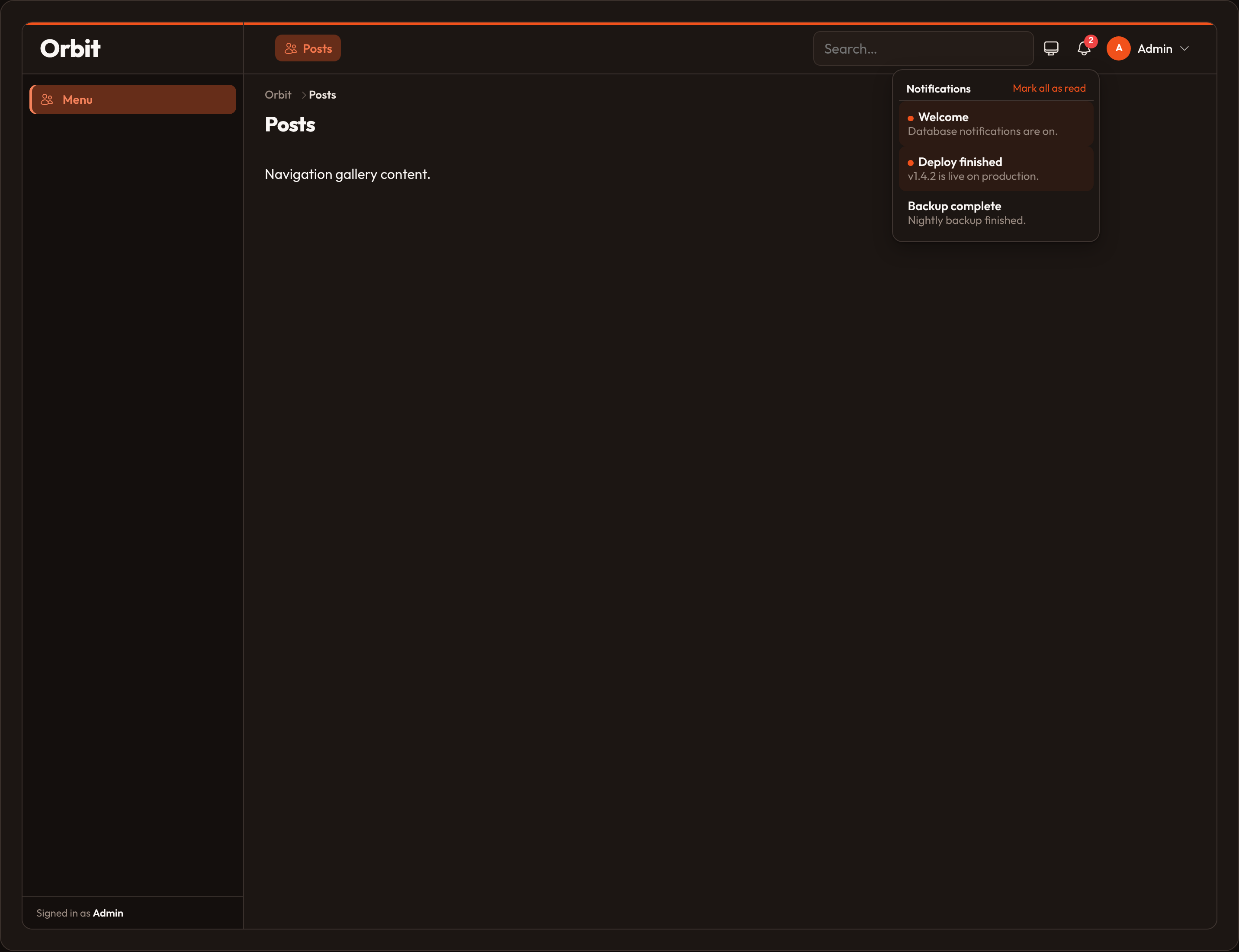 Orbit Database notifications SQLite store (dark)