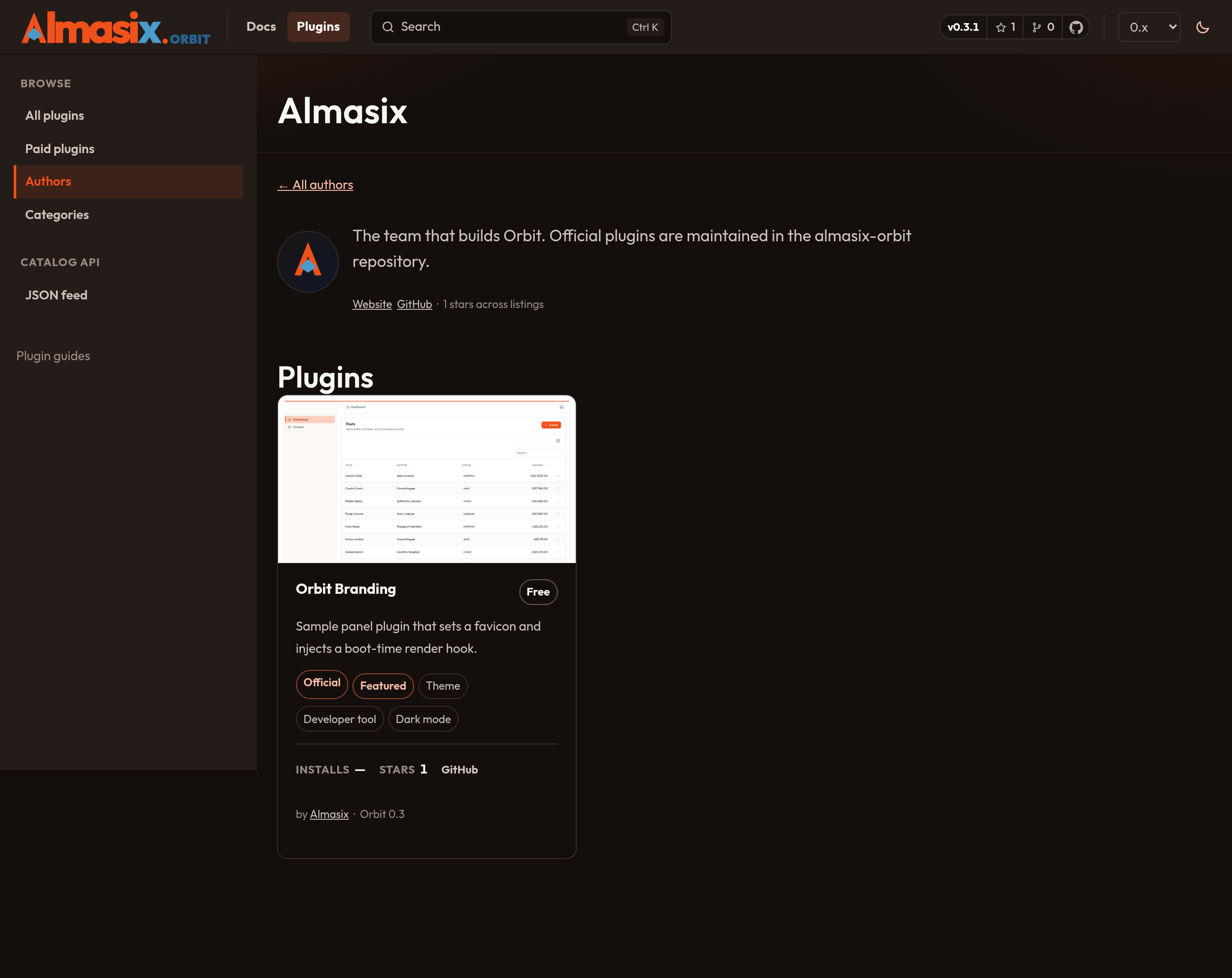 Orbit plugin author page (dark)
