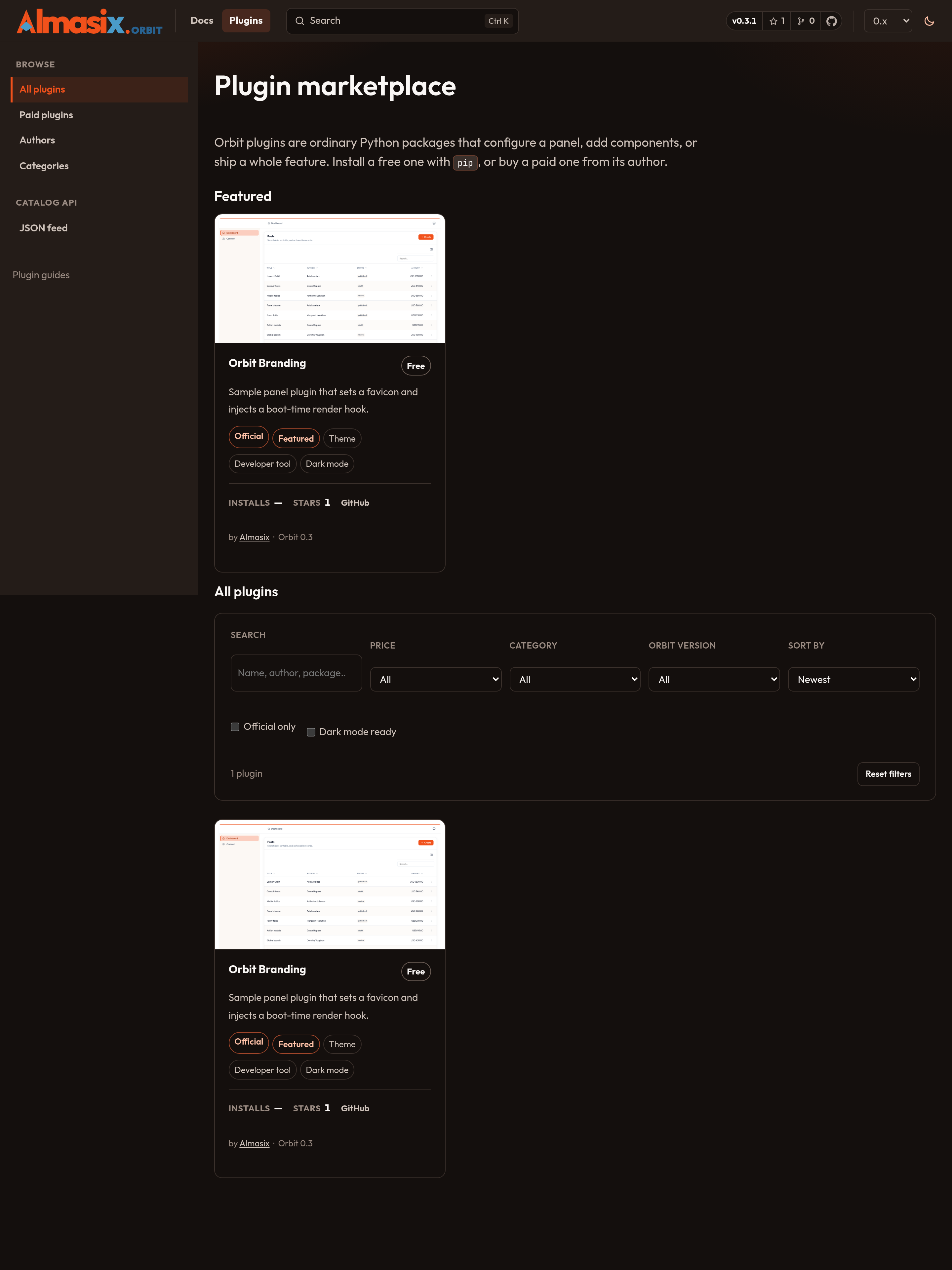 Orbit plugin marketplace (dark)