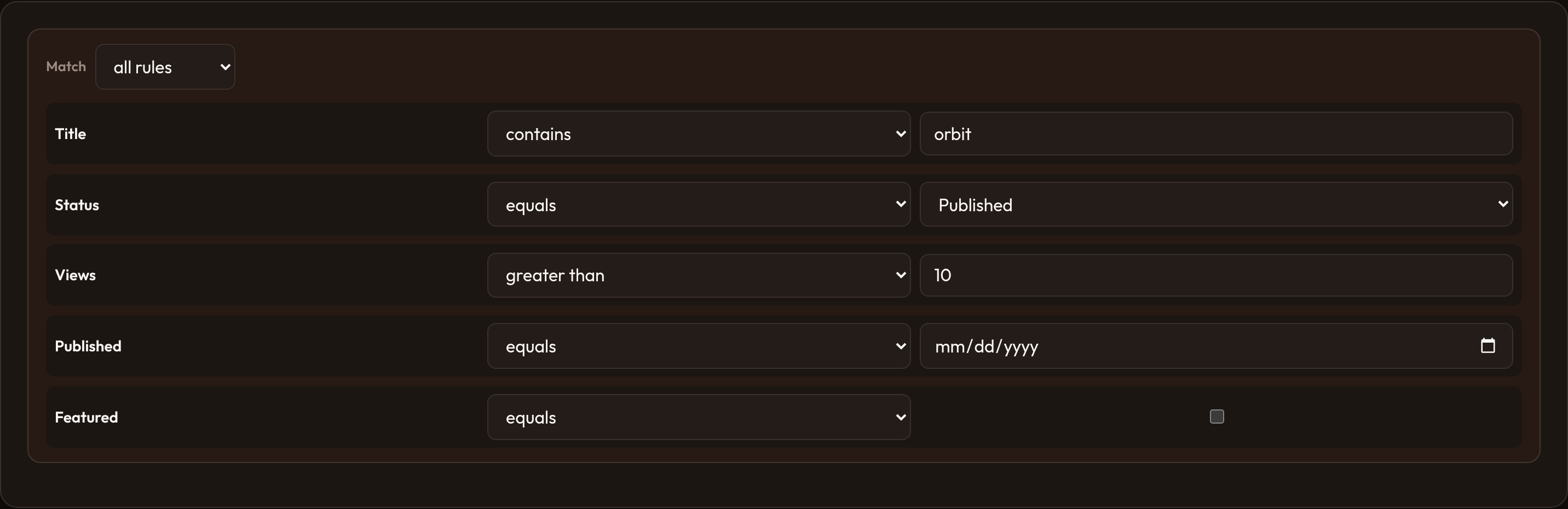 Orbit Query builder populated rules (dark)