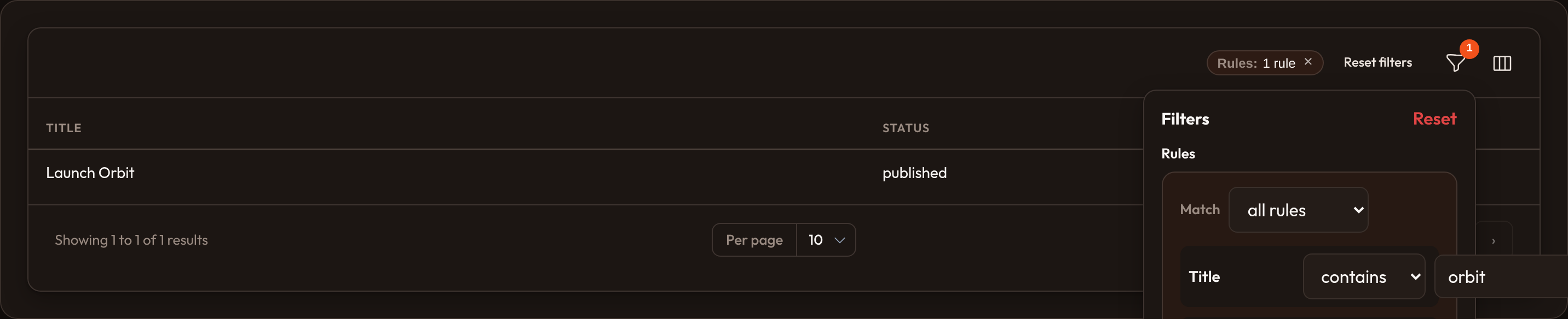 Orbit Query builder table filter (dark)