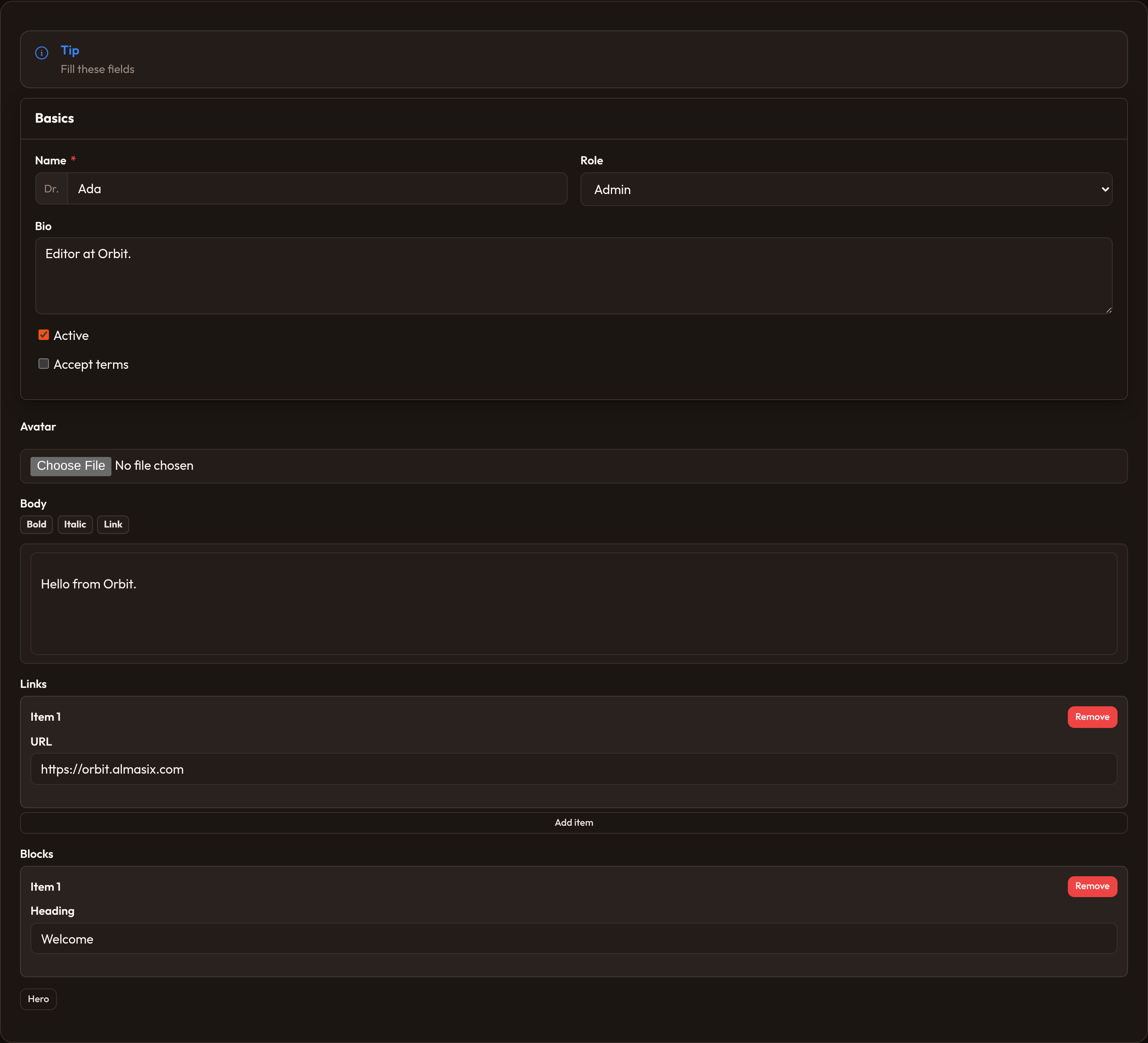 Orbit LiveResource checks a form (dark)