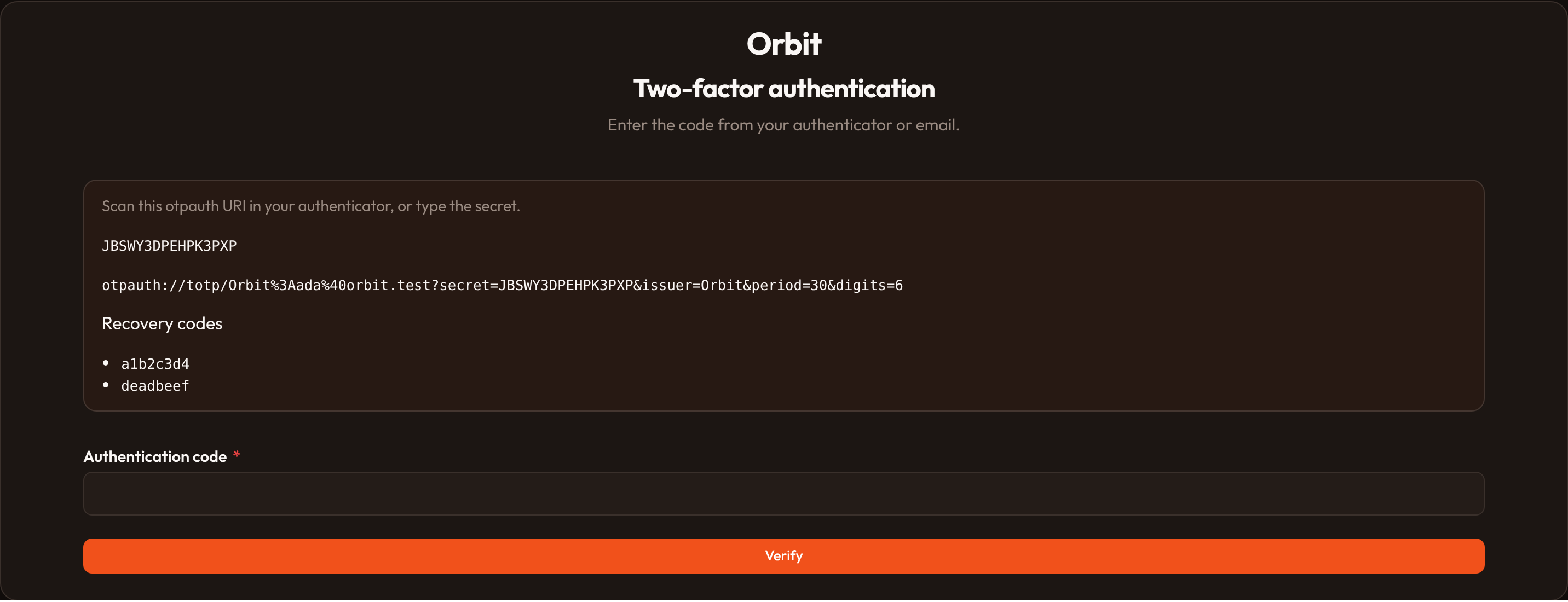 Orbit authenticator setup (dark)