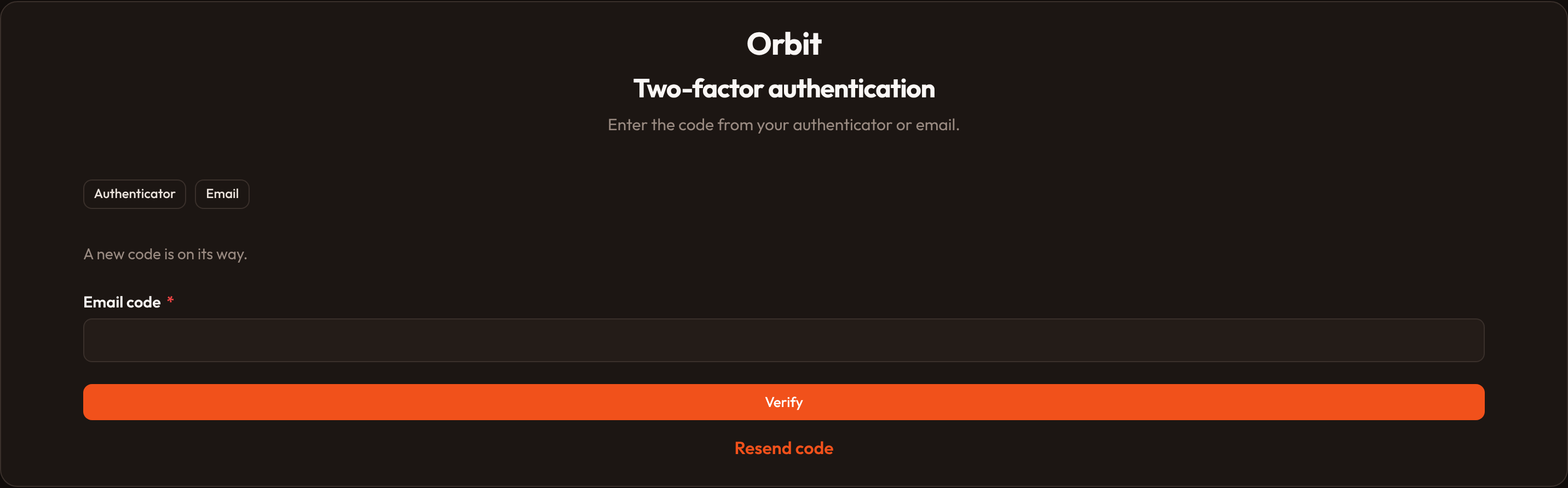 Orbit email MFA (dark)