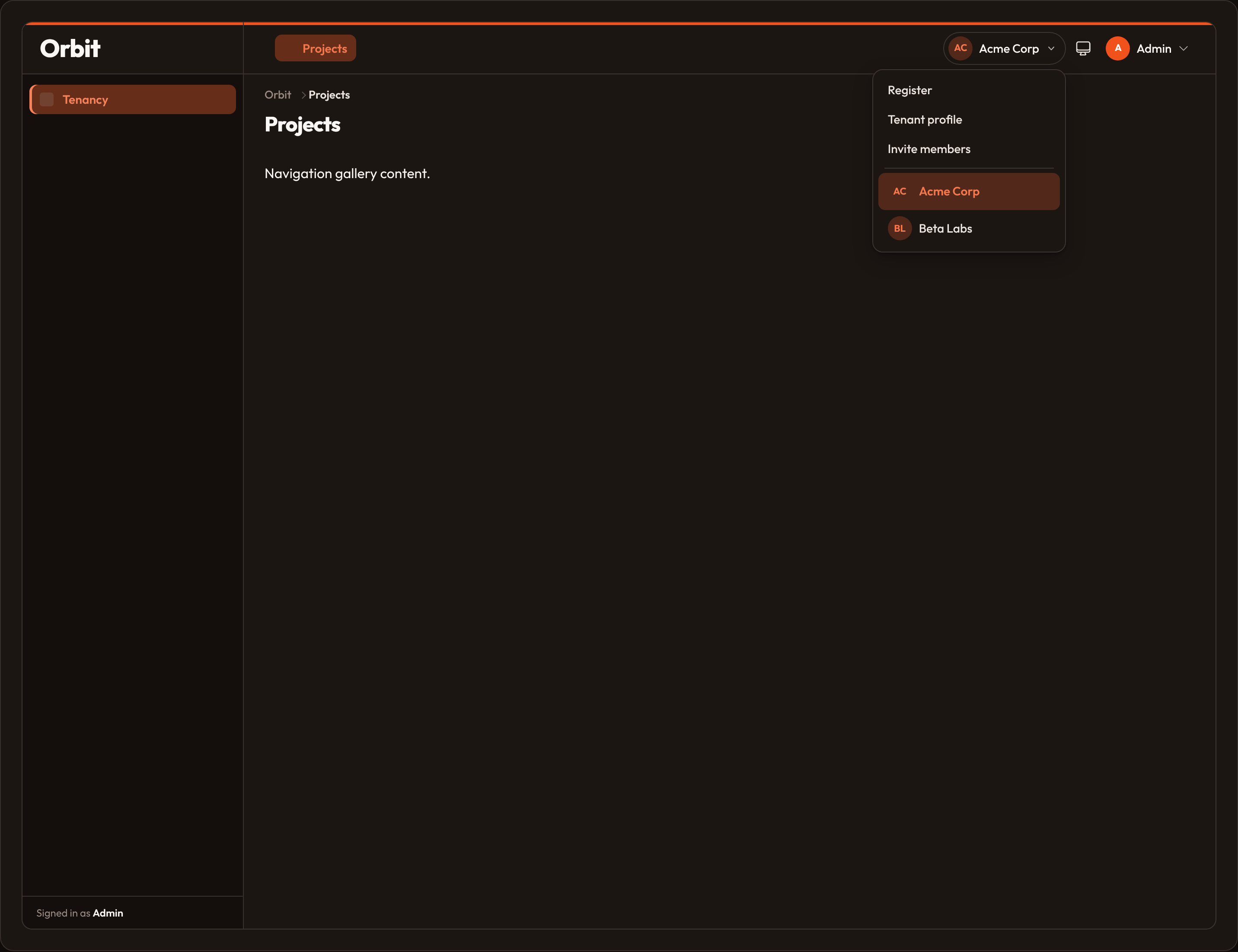 Tenant menu open (dark)