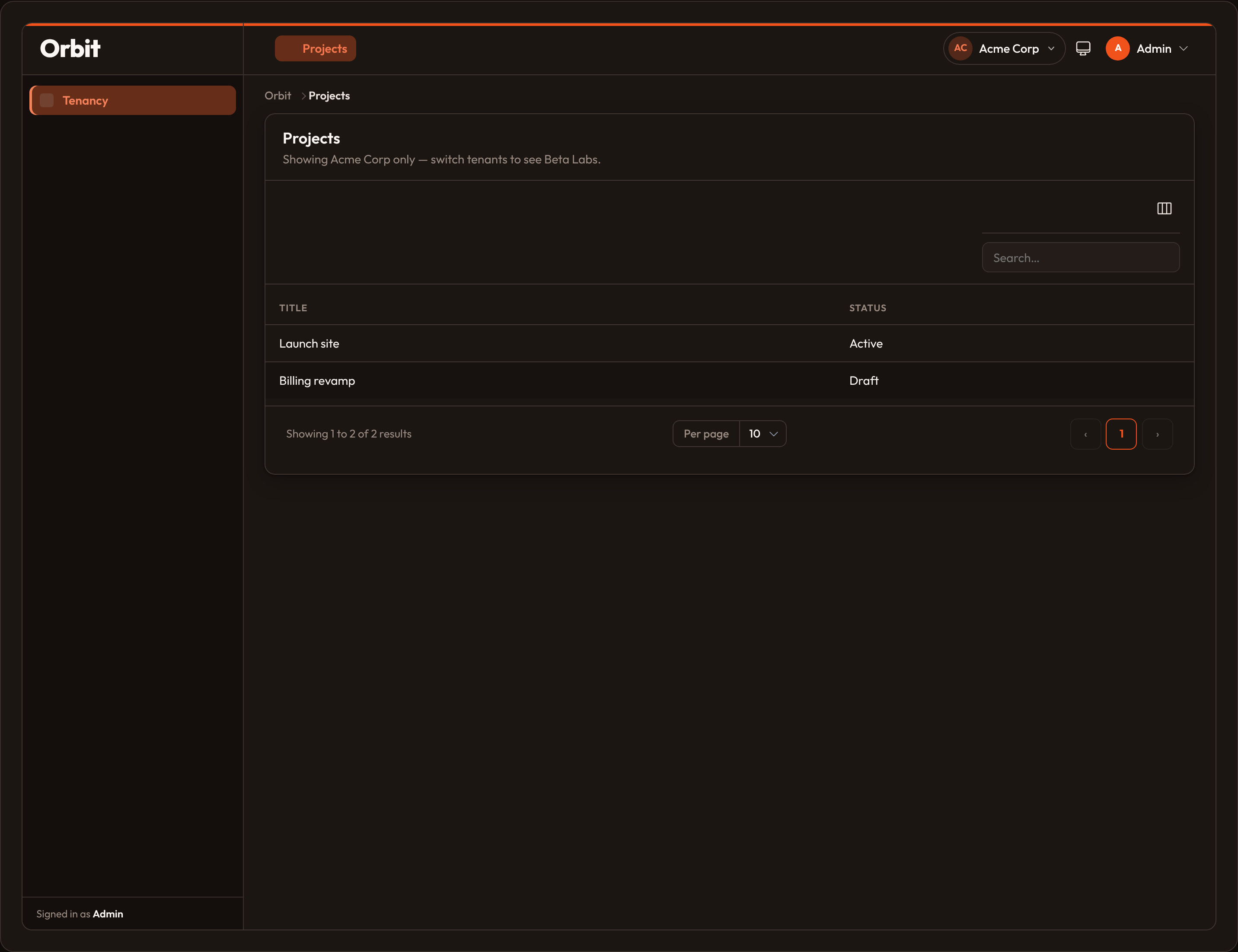 Scoped list for current tenant (dark)