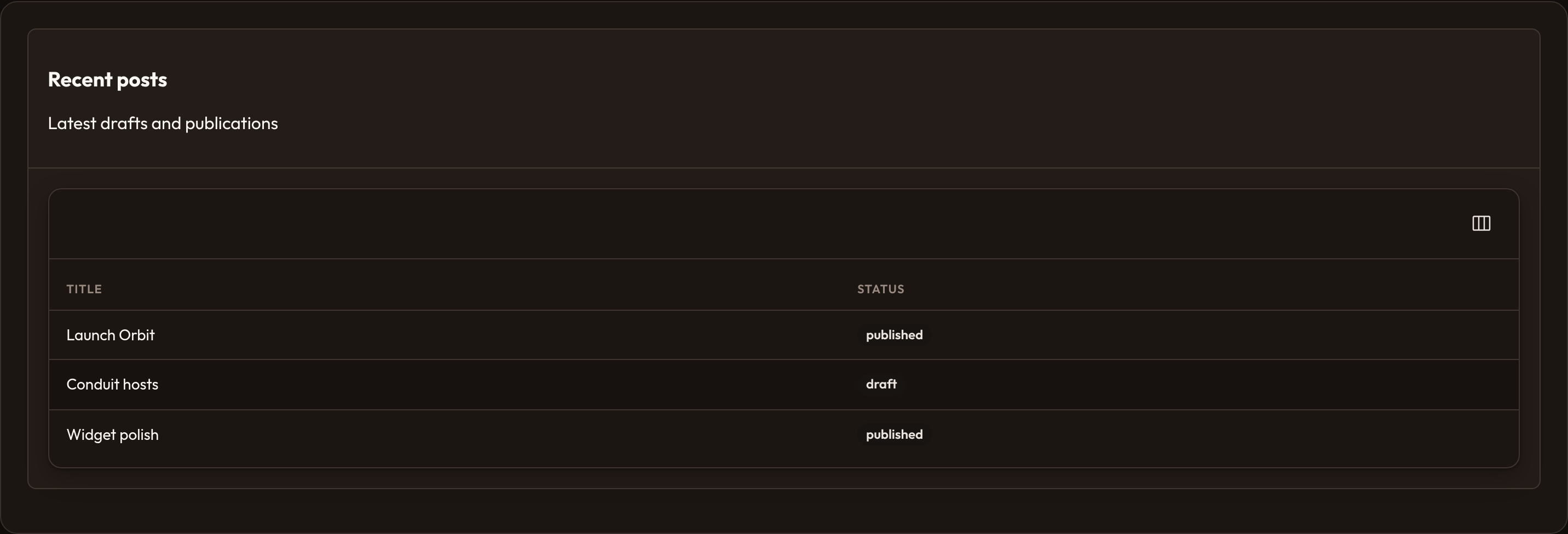 Orbit Table widget (dark)