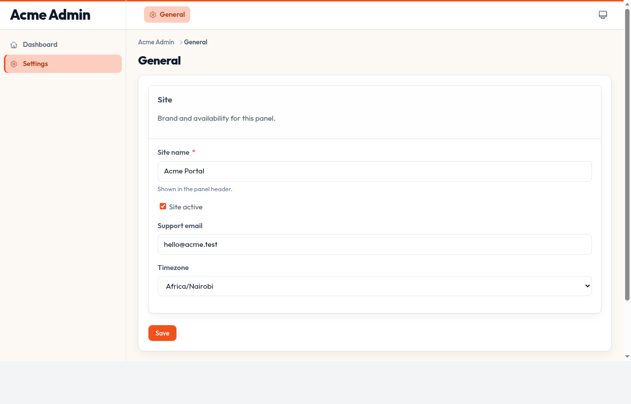 Orbit panel showing the General settings page with Site name, active toggle, support email, and timezone