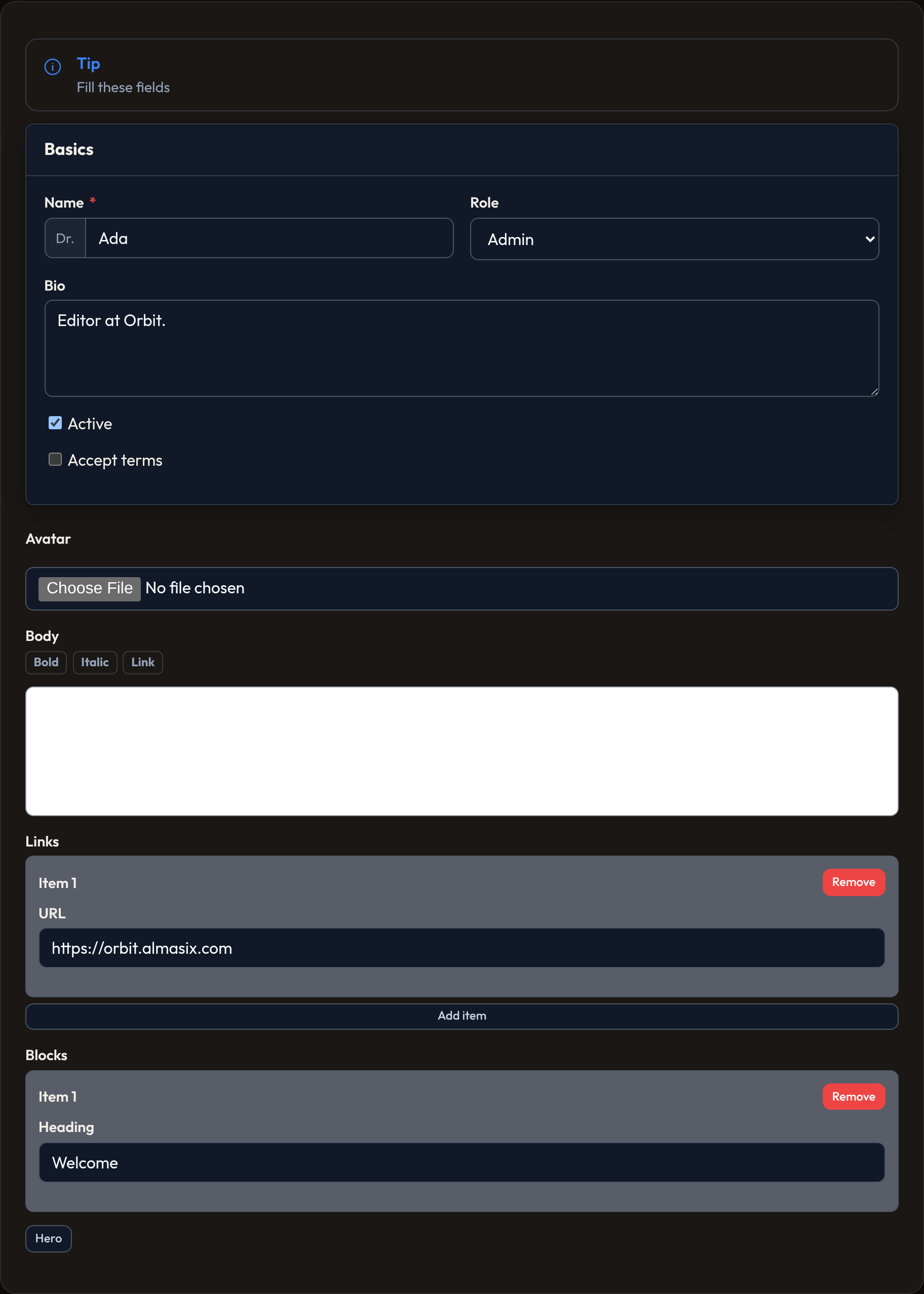 Orbit form example (dark)