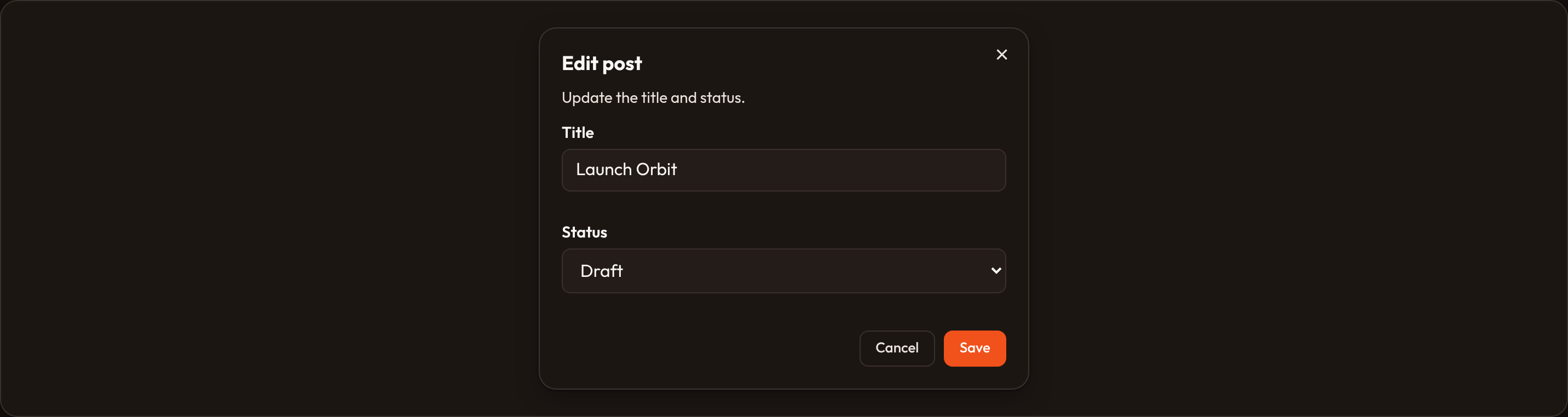 Orbit Action form modal (dark)
