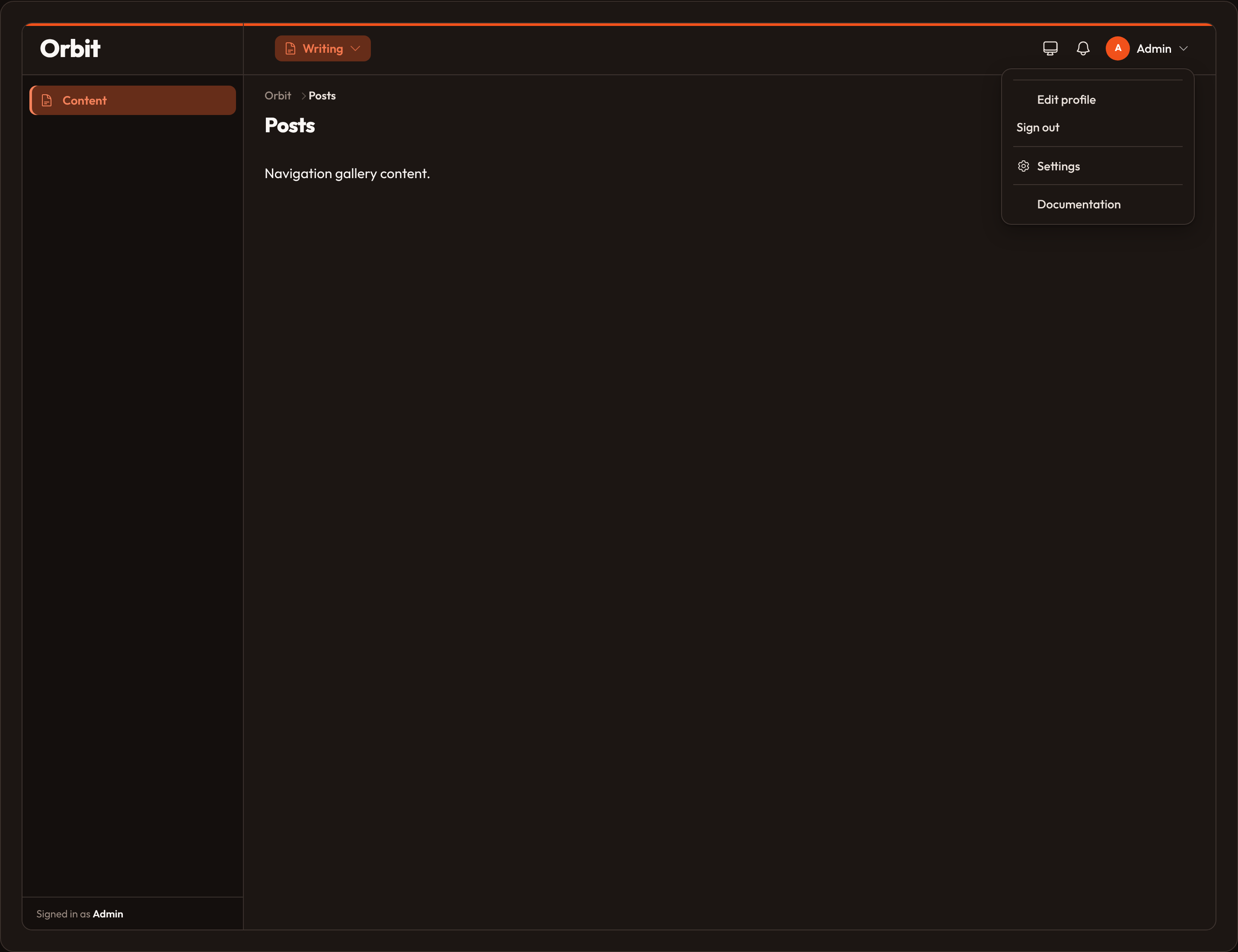 Orbit User menu (dark)