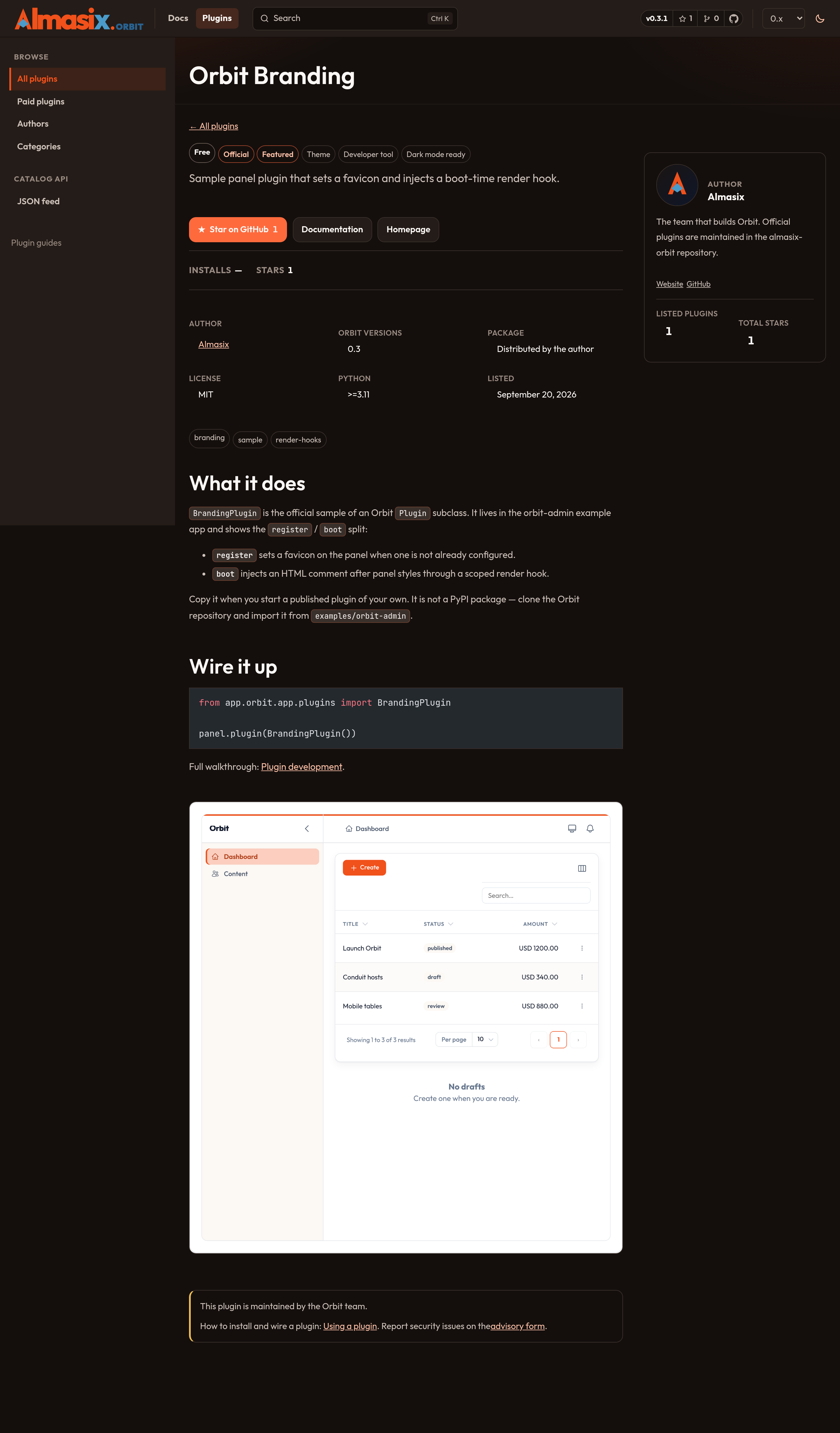 Orbit plugin listing (dark)