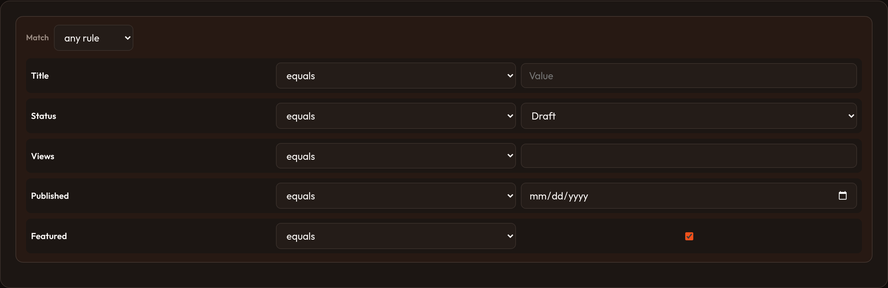 Orbit Query builder any rule (dark)