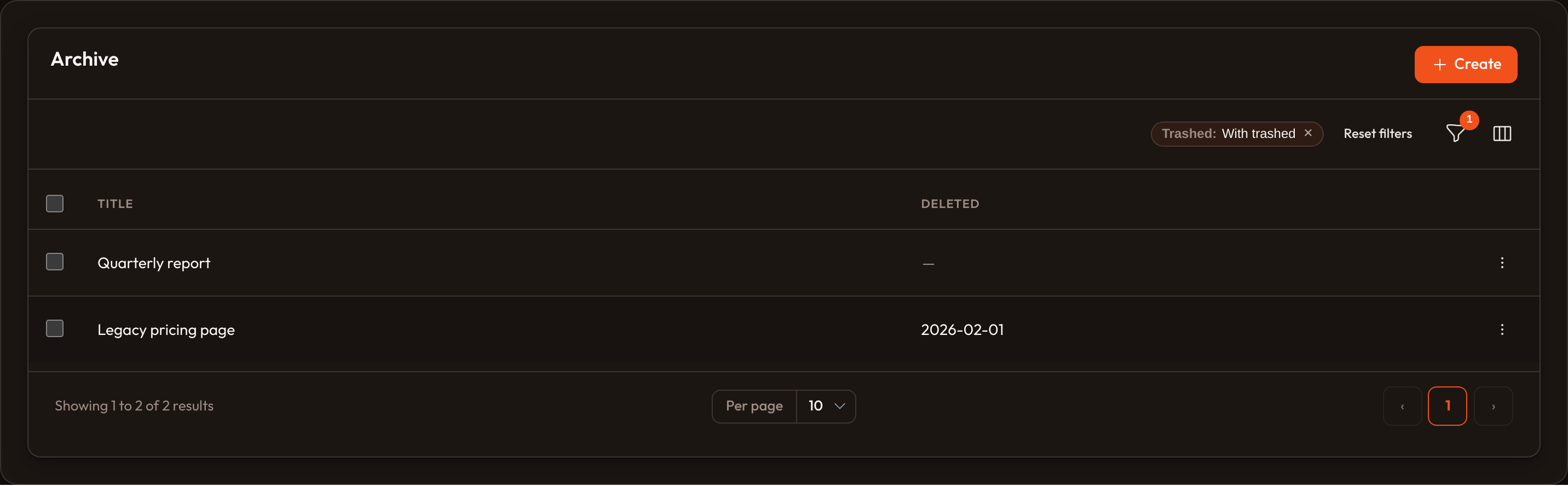 Orbit soft-deleted records with restore actions (dark)