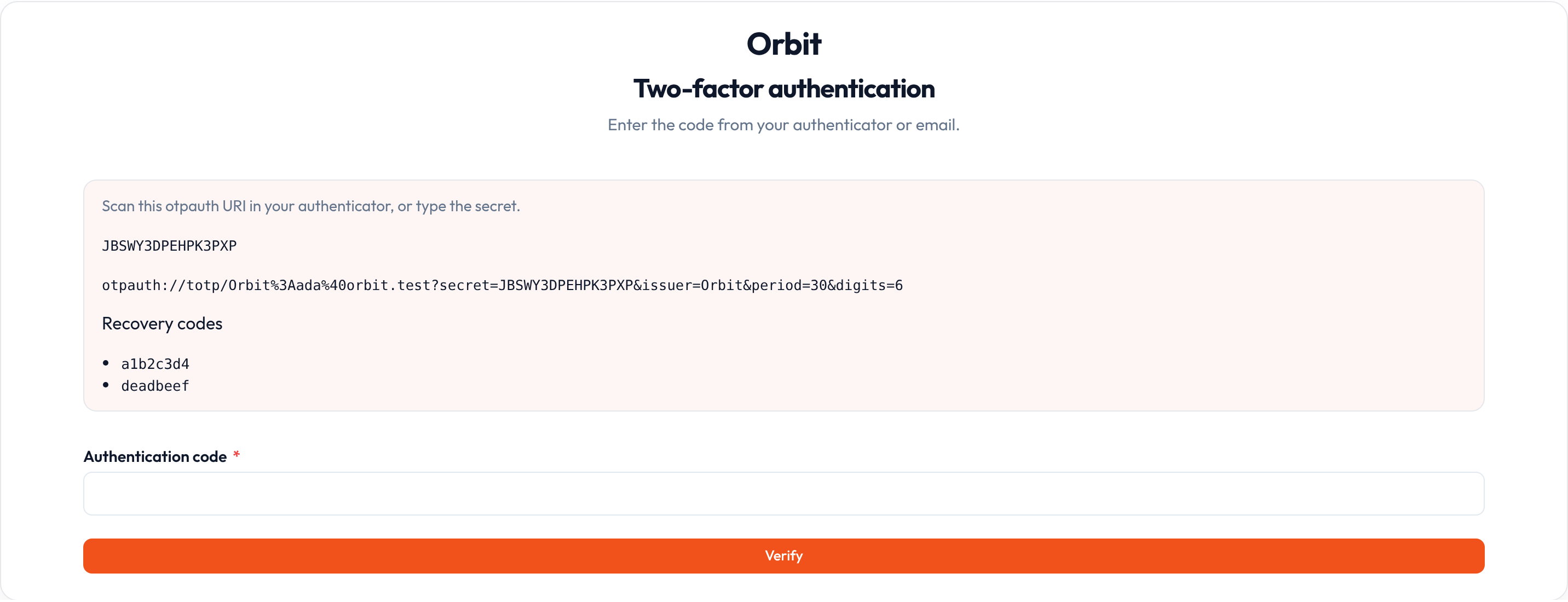 Orbit authenticator setup (light)