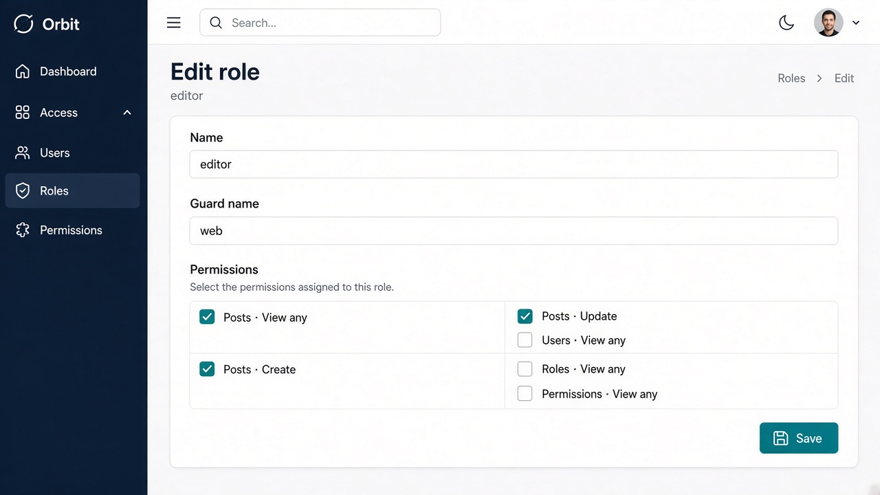 Role form with a two-column checkbox list of generated abilities
